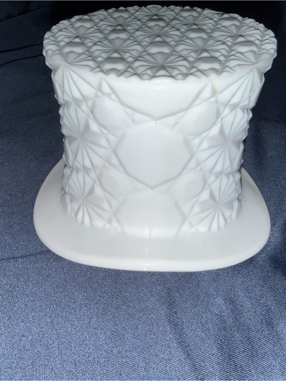 Fenton White Milk Glass Hobnail Lace Top Hat Vase